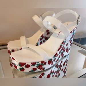 Betsey Johnson White Wedges with Red Berry Print